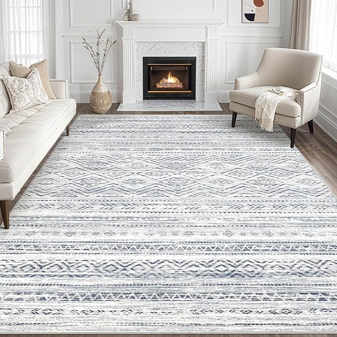 Tortania Area Rug Living Room Rugs- 9x13 Washable Large Soft Neutral Boho Moroccan Bohemian Farmhouse Rug Indoor Floor Carpet for Bedroom Under Dining Table Home Office Decor - Dark Blue