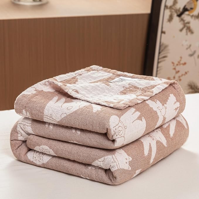 MEJU Dogs Puppy Brown Kids Muslin Lightweight Blanket for Bed Sofa Couch 100% Combed Cotton 3 Layer Soft Warm Reversible Throw Blanket Bedspread Bed Coverlet (Animals, F/Q 80 in x 90 in)