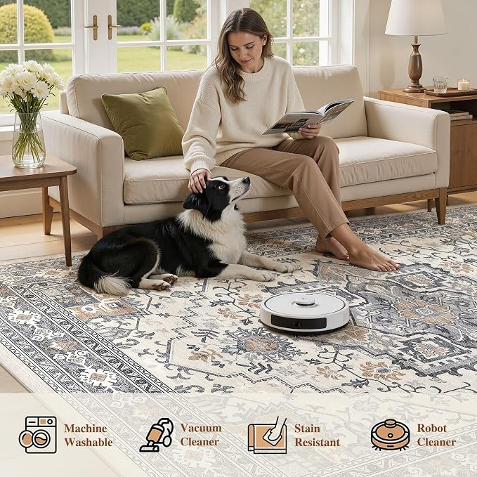 UERMEI 10x12 Area Rug Living Room Rugs - Washable Vintage Soft Large Rug Indoor Floor No Slip Rug Carpet for Bedroom Farmhouse Under Dining Table Home Office Decor - Grey-Orange