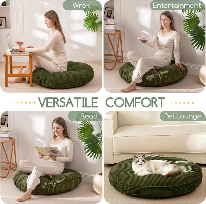 HIGOGOGO 35" Floor Pillow Cushion for Adults, Meditation Cushion Pillow, Extra Large Square Floor Sitting, Tufted Corduroy Cover for Tatami Living Room or Yoga, Dark Green