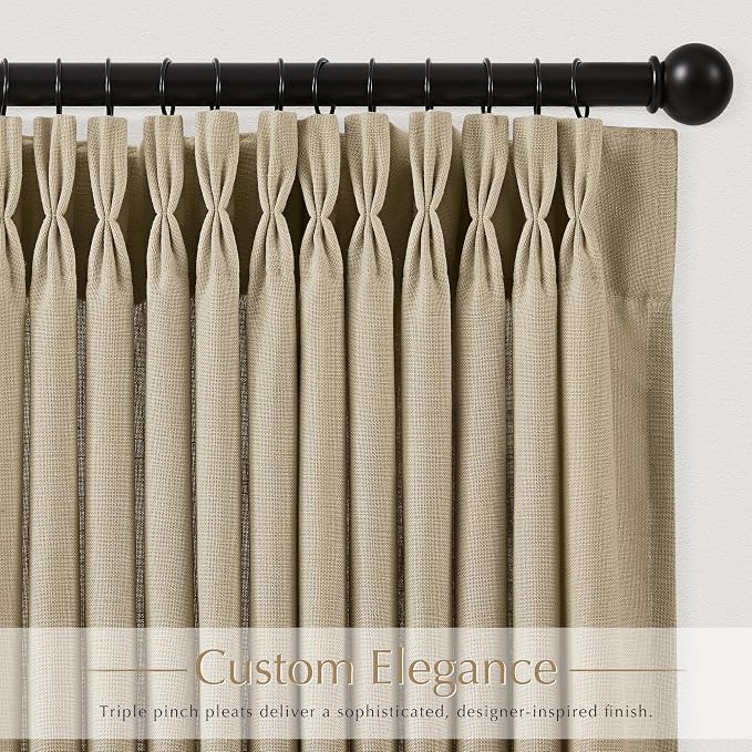 Oatmeal Linen Curtains 102 inch Long 2 Panels for Living Room Light Filtering Memory Trained Triple Pleated Curtains with Hooks Burlap Textured Neutral Country Rustic Drapes Ceiling Floor Length 102