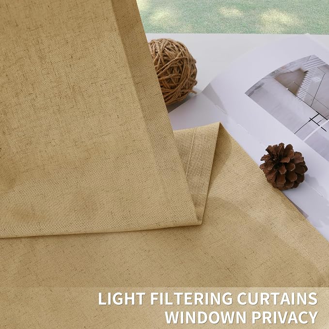Guken Gold Pinch Pleated Linen Curtains 84 Inch Length 2 Panels Set Heat Boho Modern Country Farmhouse Window Curtain for Living Room Bedroom Light Filtering Back Tab Draps with Hooks Rings 40x84