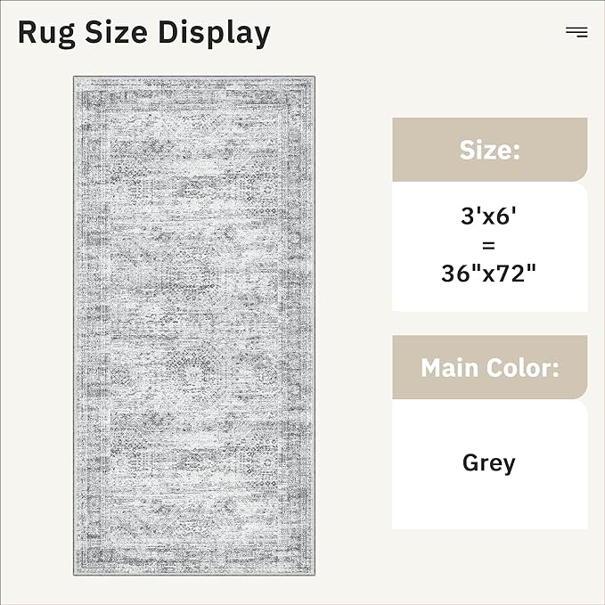 Soalmost Runner Rug 3x6 Washable Non-Slip Kitchen Runner Rugs for Bathroom Laundry Room Grey Vintage Floor Carpet Runners for Hallway Entryway