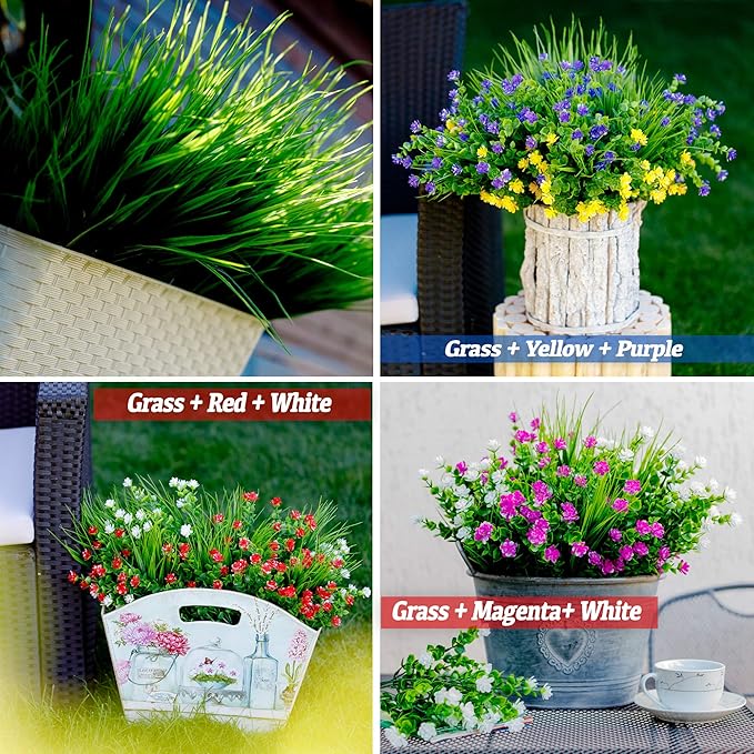 AXYLEX Artificial Monkey Grass Outdoor Shrubs - 20 Bundles Fake Plants UV Resistant No Fade Faux Plastic Greenery Home Garden Porch Patio Decoration Office Indoor (Green Grass)