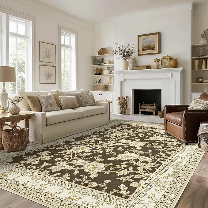 Brown Floral Print Area Rugs for Bedroom Living Room Boho Farmhouse Country Rustic Dining Room Carpet Soft Washable Rugs Non Slip Floor Covering for Nursery Playroom 7x9