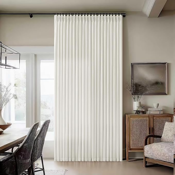 Natural Beige Semi Sheer Pinch Pleated Linen 70 Inch Extra Wide Curtains | Cream Ivory Neutral, 96 inch Long, Light-Filtering Privacy, Living Room, Memory Shape Hook Rings, Boho Modern, Faux Textured