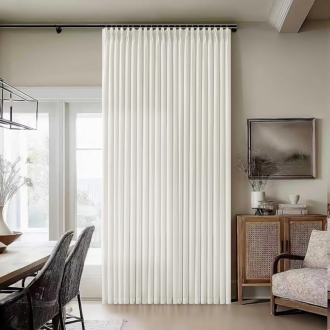 Natural Beige Semi Sheer Pinch Pleated Linen 70 Inch Extra Wide Curtains | Cream Ivory, 120 inch Extra Long Floor To Ceiling, Light Filtering Privacy, Living Room, Burlap Textured, Memory Shape