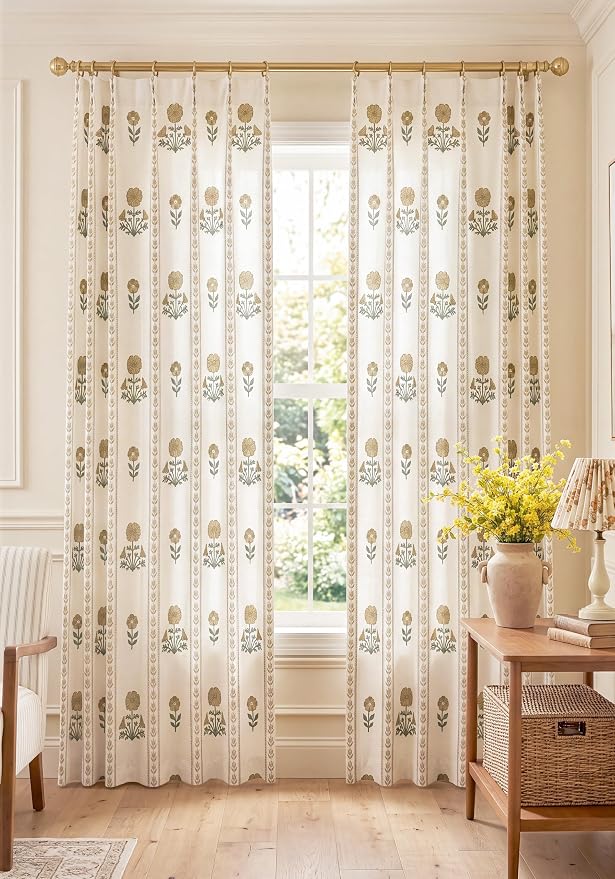 THREE GIRLS Pinch Pleated Light Filtering Linen Blend Floral Block Print Curtains for Bedroom, Dining Room, Living Room, Farmhouse, Memory Trained, Hooks, 2 Panels Set, 40"x84", Brown