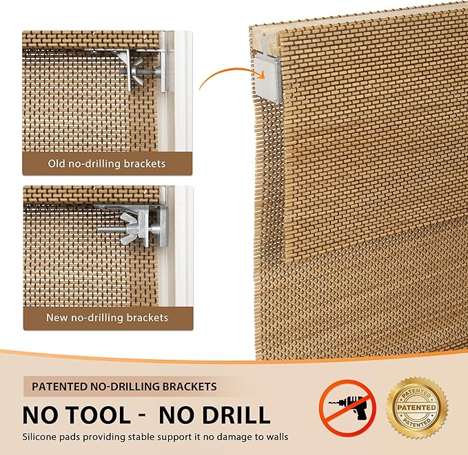 LazBlinds No Tools No Drill Cordless Bamboo Roman Shades, Light Filtering Window Treatment, Roll Up Bamboo Blinds for Windows 48'' W x 64'' H, Acorn