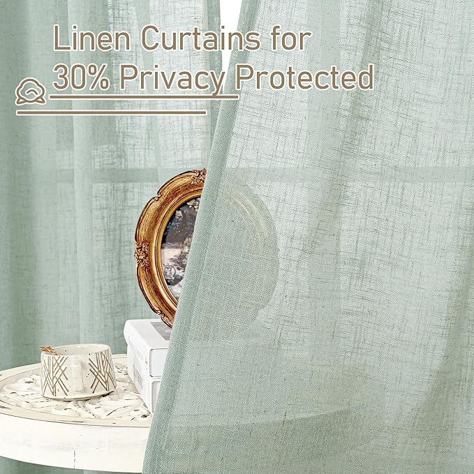 LAMIT Short Kitchen Linen Curtains 24 Inch Length for Small Windows, Semi Sheer Light Filtering Panels Back Tab and Rod Pocket Cafe Drapes for Half Window, Light Sage, 2 Panels, 34 x 24 Inch