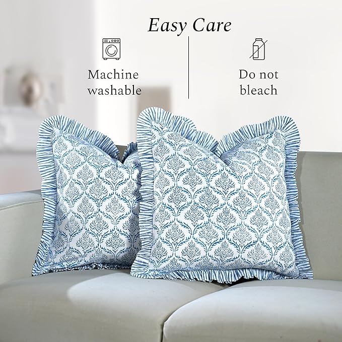 CPC Indigo Regal Hand Block Print 100% Cotton Ruffle Throw Pillow Cover 18x18 inch with Hidden Zipper Decorative for Couch, Bed, Sofa, Farmhouse, Cottagecore Decor Gift Christmas Fall Thanksgiving