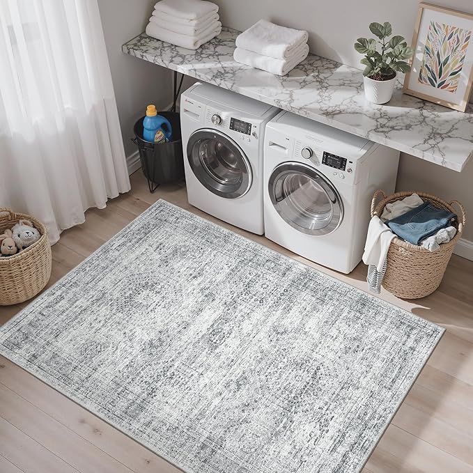 Soalmost Area Rugs 4x6 for Living Room, Vintage Washable Rugs for Dining Room, Kitchen, Non-Slip Area Rug Grey