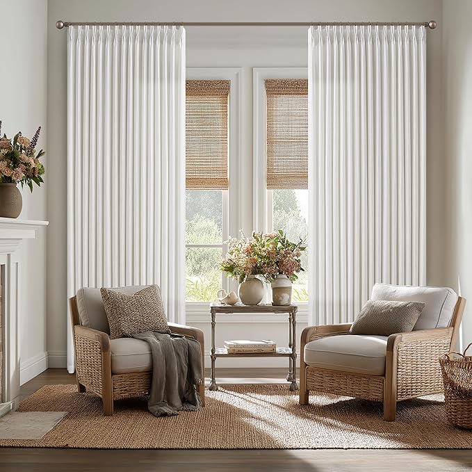 Pleated Semi Sheer Linen Curtains 108 Inches Long 2 Panels Beige White Floor Ceiling Double Pinch Pleat Back Tab Boho Light Filtering 9FT for Large Window Office Living Room Bedroom Aesthetic Decor