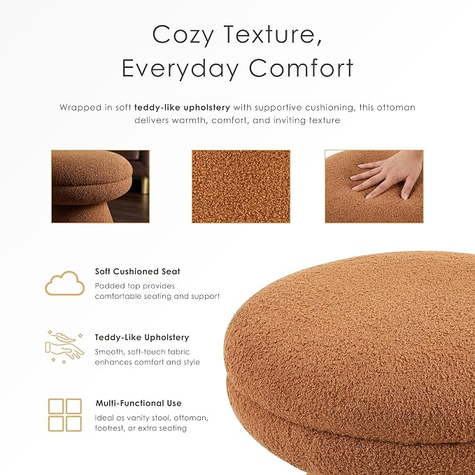 Furniture of America Rami Modern 18-inch Mushroom-Shape Upholstered Ottoman with Tapered Pedestal, Vanity Stool Chair, Small Foot Stool for Bedroom, Living Room, Entryway, Beige
