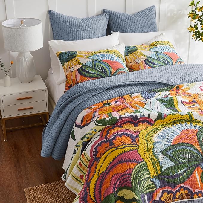 Levtex Home - Velvet Stitch Quilt Set - Twin Quilt and One Standard Sham - Cross Stitch Velvet - Chambray with White - Quilt (68x86in.) and Sham (20x26in.) - Reversible - Polyester