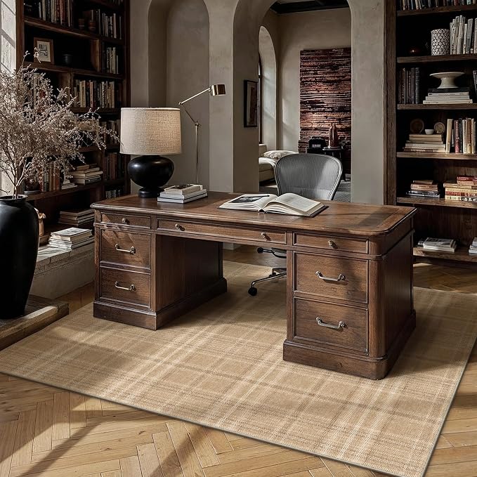 8x10 Brown Area Rug for Living Room Bedroom Machine Washable Low Pile Checkered Carpet Modern Accent Soft Non Slip Rug for Dining Room Nursery Office Indoor
