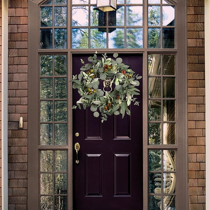 22IN Spring Summer Eucalyptus & Berry Wreath with Realistic Lamb's Ear Leaves. Seasonal Greenery Decor for Front Door, Wall, and Year-Round Celebrations.