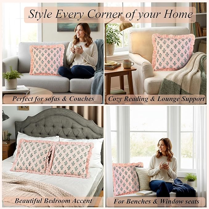 Ridhi Block Print Salmon Blossom Throw Pillow Cover 24" x 24" (Pack of 2) Decorative Cushion Covers with Ruffle for Couch, Sofa, Bed, Living Room, Home Decor Gift for Spring, Easter, Valentine
