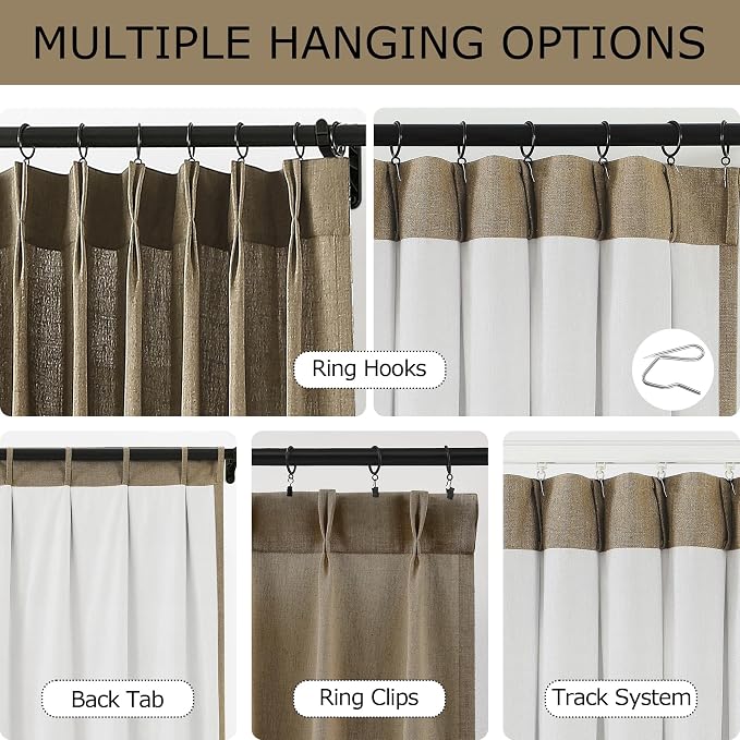 Vision Home Brown Pinch Pleated Light Filtering Curtains with Microfiber Liner 120 inch Linen Blended Textured Privacy Drapes for Living Room Bedroom Back Tabs with Hooks 2 Panels 40" Wx120 L