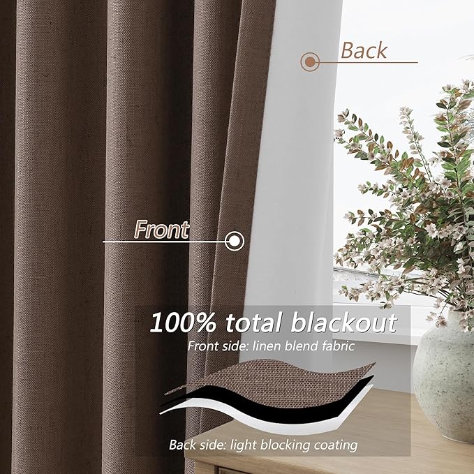 Guken 100% Blackout Curtains 84 Inch Length 2 Panels Set for Living Room Bedroom Back Tab Thermal Insulated Black Out Linen Drapes Room Darkening Mocha Mousse,52x84