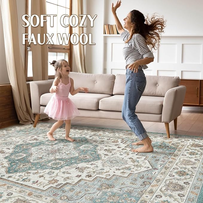 10x12 Area Rug Living Room: Washable Boho Large Neutral Vintage Soft Rug Stain Resistant Farmhouse Non-Slip Indoor Floor Carpet for Bedroom Nursery Kids Playroom Office Dining Room Home- Teal Brown