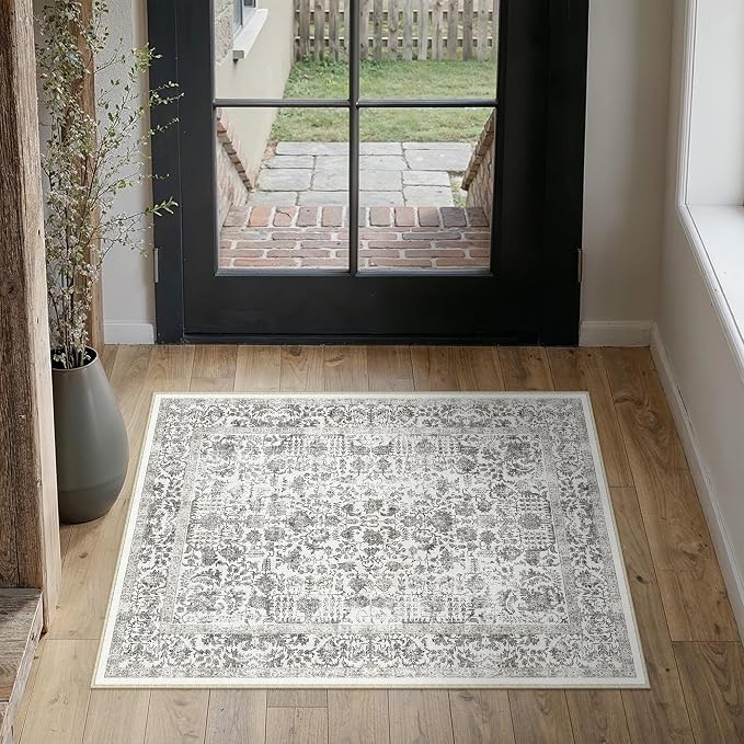 PureCozy Black Entryway Area Rug 2x3 Door Mat Machine Washable Kitchen Vintage Distressed Non Slip Carpet Indoor Retro Floral Accent Throw Small Rug for Bathroom Office Bedroom Dining Room