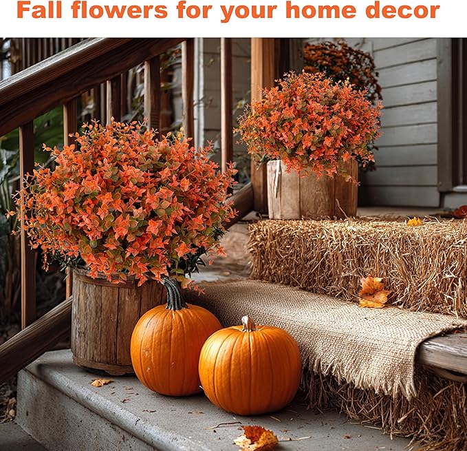 AXYLEX Artificial Fall Flowers Outdoor Fake Mums - 16 Bundles Fake Plants UV Resistant No Fade Faux Plastic Greenery Garden Porch Patio Fall Home Decor (Green Orange)