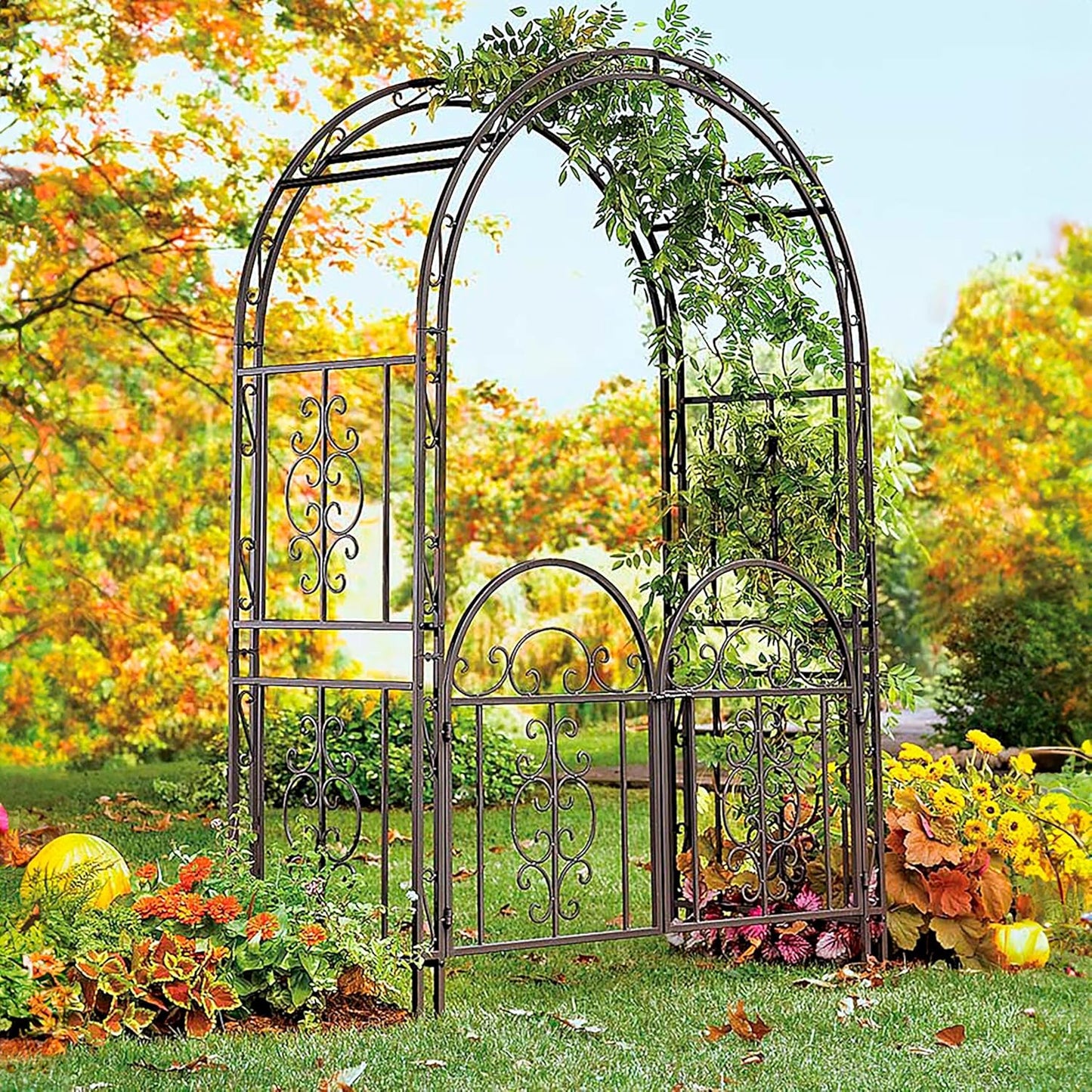 Plow & Hearth Arch Metal Outdoor Garden Arbor Double Gate | Montebello | 7 Feet Tall | Gunmetal Black | Trellis Lattice Climbing Plants