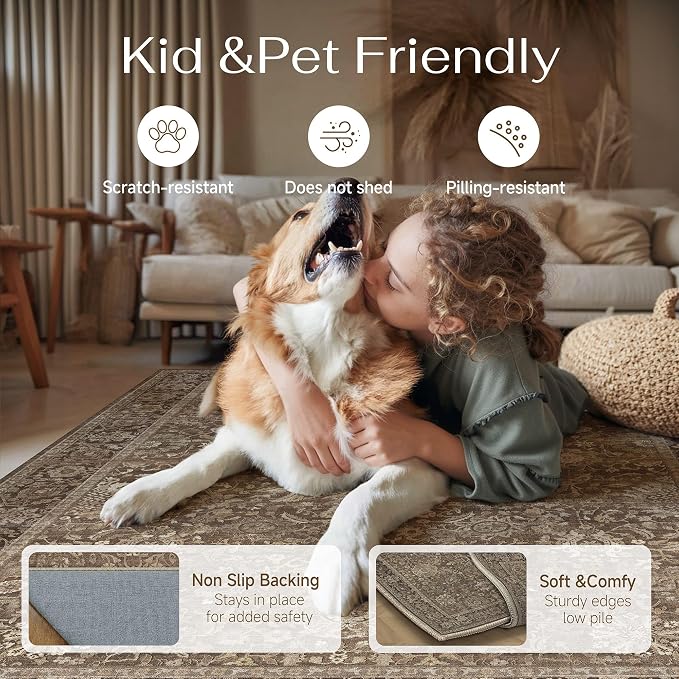 HUGEAR Area Rugs 8x10 Brown Washable Rug for Living Room Bedroom Large Neutral Vintage Rug Carpet Distressed Soft Durable Non Slip No Shedding for Indoor Dining Nursery Farmhouse