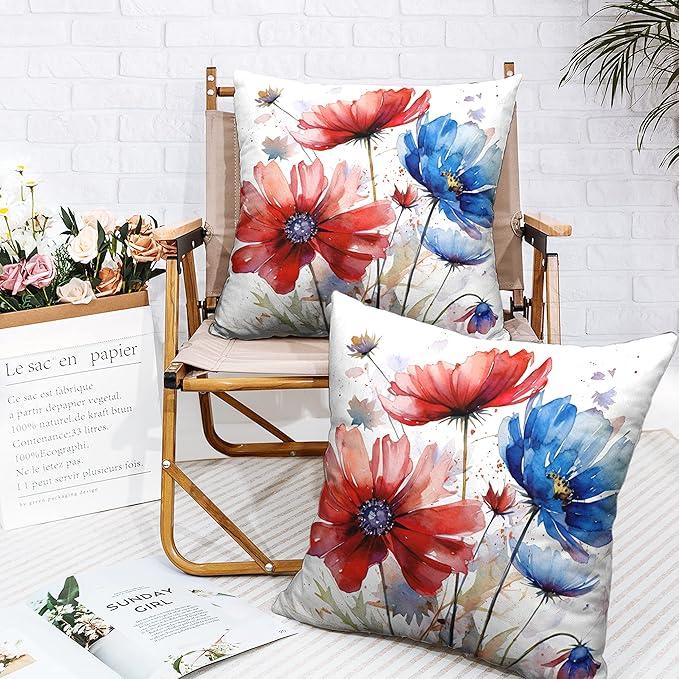 Pack of 2 White Square Linen Pillow Covers Red and Blue Floral Pillow Case Modern Art Watercolor Farmhouse Pillowcase for Living Room Patio Outdoor 24x24