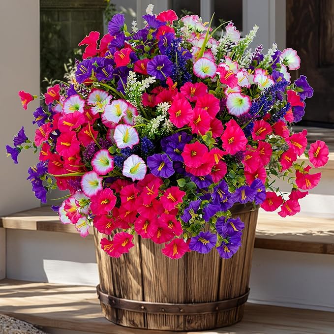 AXYLEX Artificial Flowers Outdoor Morning Glory - 16 Bundles Fake Plants UV Resistant No Fade Faux Plastic Greenery Home Garden Porch Decoration Indoor (1, Multi16-3)