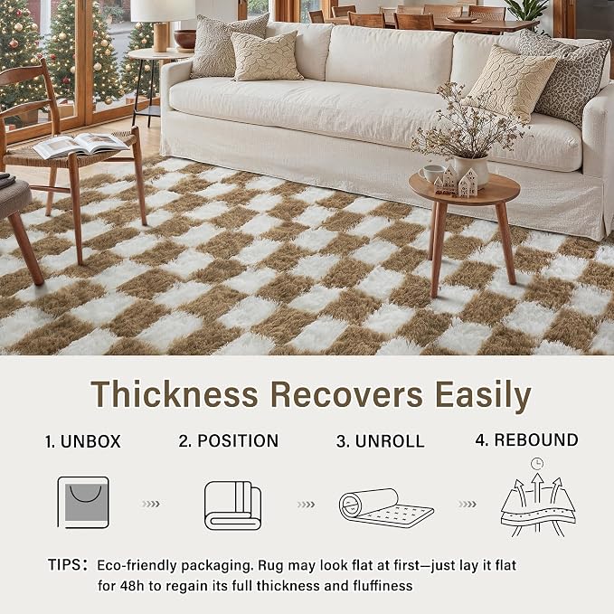 PureCozy 9x12 Area Rugs for Living Room Brown Soft Shag Checkered Large Rug Modern Washable Indoor Office Fuzzy Carpet Non-Slip Fluffy Rugs for Bedroom Nursery Dorm Playroom Home Aesthetic Decor