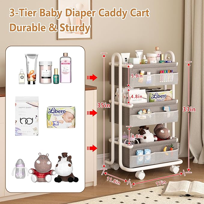 3-Tier Baby Diaper Caddy Organizer Cart, Mobile Nursery Storage Carts with Wheels, 3 Dividers & 6 Mesh Pockets Durable Metal Utility Cart for Nursery, Bedroom, Bathroom, Baby Essentials Organization