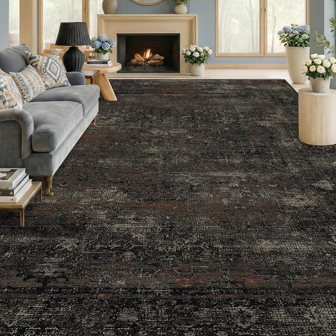 TALANOVA Modern Farmhouse Black 10x14 Washable Area Rug for Living Room & Dining Room, Abstract Non Slip Low Pile Rug for Bedroom, Dark Charcoal Stain Resistant Extra Large Decor