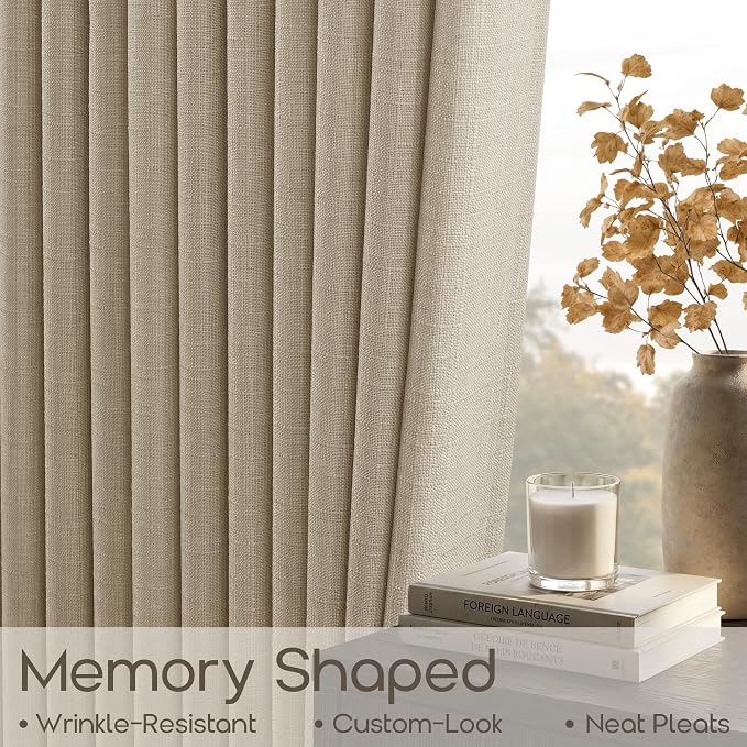 120 Inches Oatmeal Extra Long Curtains 2 Panels Set Boho Country Semi Sheer Pinch Pleated Large Window Curtains with Back Tab Rings Beige Linen Textured Tall Drapes for Living Room Bedroom 120 Inch