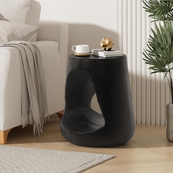 Christopher Knight Home Outdoor Side Table,Hollow Design End Table,Patio Garden Stool Table,Decorative Accent Table for Patio Balcony Beach Pool Side,Lightweight Concrete,Wood Like Texture,Black