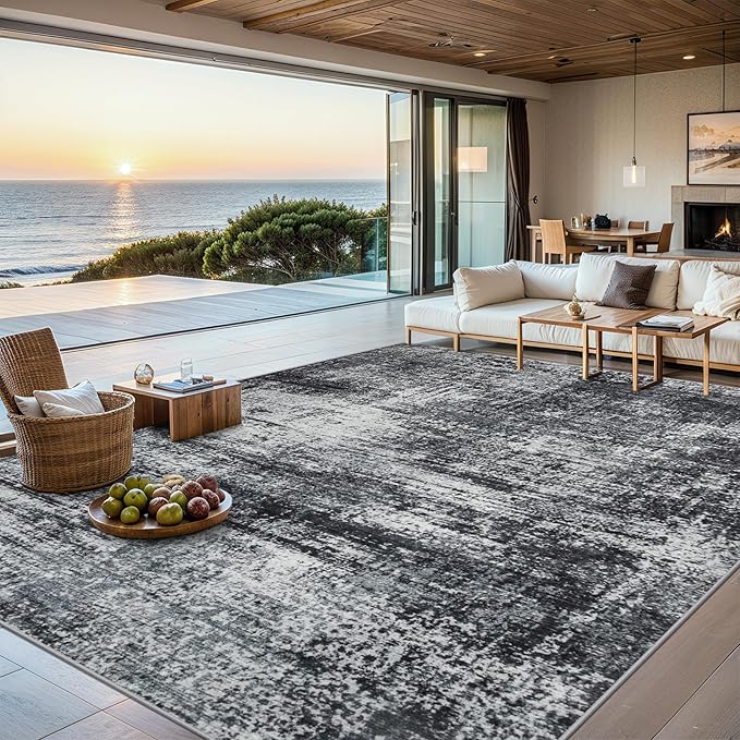 Area Rugs Living Room Rug - 5x7 Washable Modern Abstract Soft Neutral Non-Slip Carpet Large Indoor Floor Thin Carpets for Bedroom Dining Room Farmhouse Nursery Home Office Dark Black