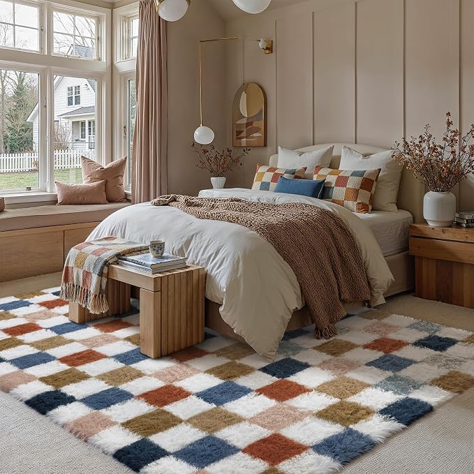 PureCozy Checkered Rug 7x10 for Living Room, Modern Rainbow Shag Rug Washable Non-Slip Large Area Rug Super Soft Indoor Fuzzy Carpet Fluffy Rugs for Bedroom Home Aesthetic Decor