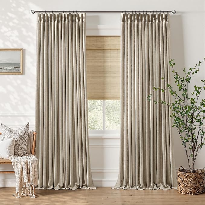 92 Inch Pinch Pleated Curtains Burlywood Birch Semi Sheer Privacy Back Tab Linen Blend Curtains with Hooks Rings Taupe Light Filtering Pinch Pleat Drapes for Living Room Bedroom 92 Inches Long