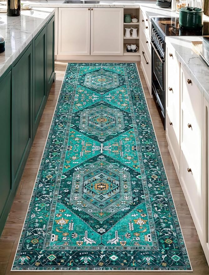 SERISSA Boho Washable Runner Rug, 2'6"x10' Long Rug Runner Non-Slip Vintage Teal Hallway Kitchen Stair Runner Rug Ultra Soft Print Distressed Floor Carpet Runner for Bedroom Bathroom Laundry Room