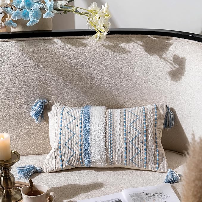 BlissBlush Decorative Lumbar Throw Pillow Covers 12x20 Combo Set of 2 Rectangular Coastal Blue Boho Accent Pillowcase Neutral Farmhouse Cushion for Couch Sofa Bedroom Living Home Décor Cover ONLY