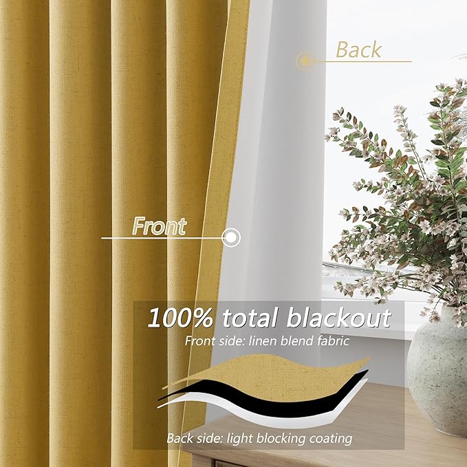 Guken 100% Blackout Curtains 102 Inch Length 2 Panels Set for Living Room Bedroom Back Tab Thermal Insulated Black Out Linen Drapes Room Darkening Window Curtains Gold 52x102