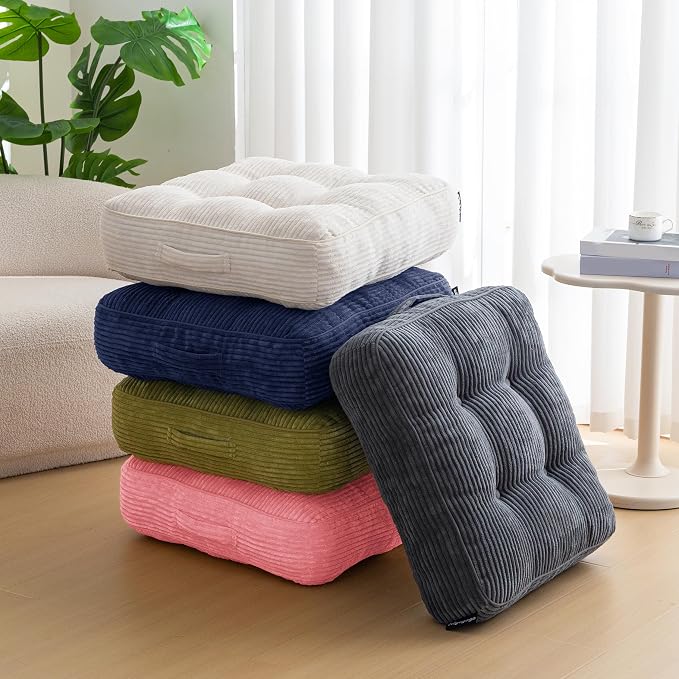 HIGOGOGO 6" Extra Thick Floor Pillow Cushion for Adults, Meditation Cushion Pillow, Large Square Floor Sitting, Tufted Corduroy Cover, for Tatami Living Room or Yoga, 22x22 Inch, 2Pack, Pink
