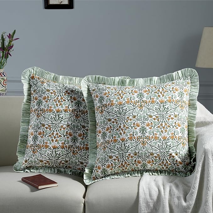 Ridhi Block Print Goldenrod Yellow Throw Pillow Cover 24" x 24" (Pack of 2) Decorative Cushion Covers with Ruffle for Couch, Sofa, Bed, Living Room, Home Decor Gift for Spring, Easter, Valentine
