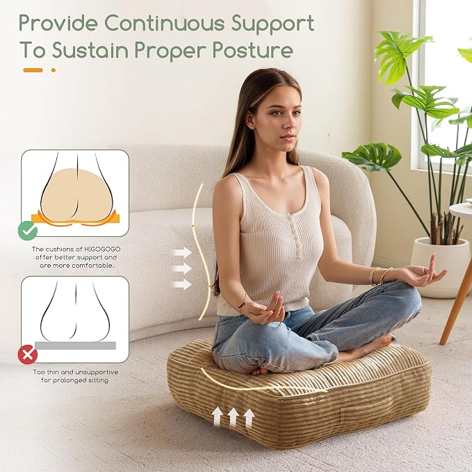 HIGOGOGO 6" Extra Thick Floor Pillow Cushion for Adults, Meditation Cushion Pillow, Large Square Floor Sitting, Tufted Corduroy Cover, for Tatami Living Room or Yoga, 22x22 Inch, Coffee