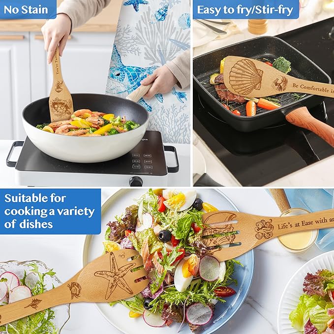 8 PCS Ocean Bamboo Kitchen Cooking Utensil Spoon Set with Apron Oven Mitt Potholder,Gift for Women Coastal Decor Beach Theme Kitchen Decorations,Sea Turtle Lovers,Housewarming,Birthday,Easter