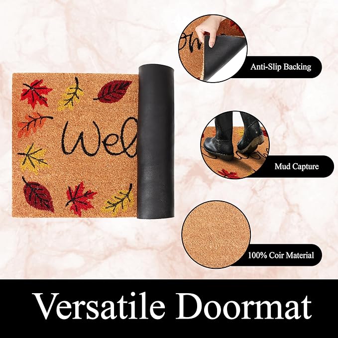 A1HC Natural Coco Coir Door Mat Autumn Leaves Doormat with Heavy Duty Non-Slip PVC Backing - 18" x 30" - Easy to Clean, Welcome Mat for Home, Low-Profile Durable Doormat