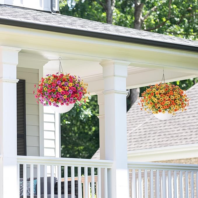 HyeFlora Artificial Faux Fall Hanging Mums Plants Flowers Basket for Outdoor Outside, Autumn Fake Silk Yellow Daisy UV Resistant Realistic for Porch Patio Balcony Home Yard Decoration
