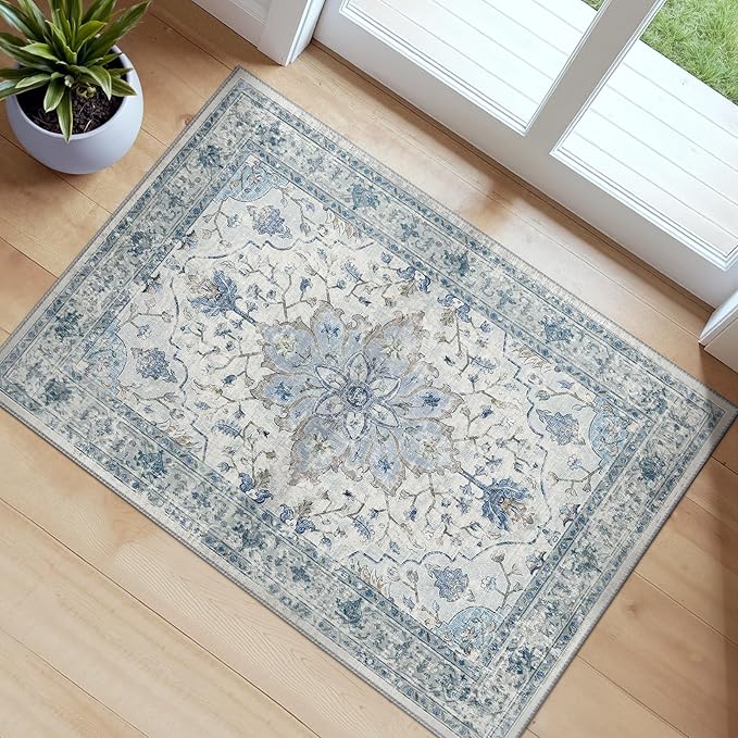 RELEANY Area Rugs 2'6''x4' Kitchen Rugs Entry Rug Small Rugs for Entryway Kitchen Bathroom Door Mat Indoor Entrance,Washable Non Slip, Light Blue Navy Beige Gray White
