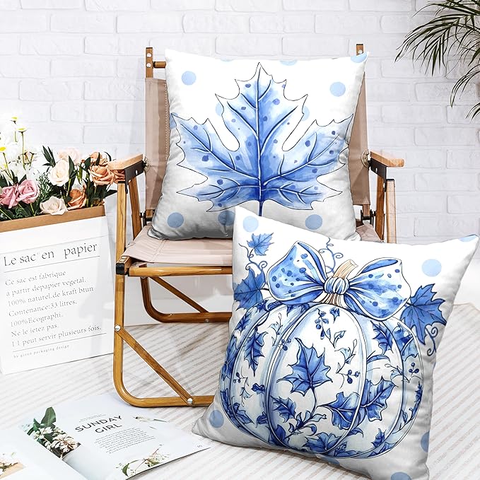 Fall Pillow Covers Blue and White Porcelain Maple Leaf Pumpkin Throw Pillow Covers 24x24 Set of 2 Autumn Blue Polka Dot Pillowcase Thanksgiving Cushion Case for Couch Sofa